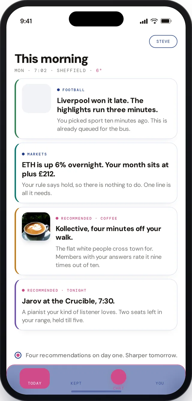 youconic on a phone at 7:02 in the morning, showing four short cards with the reason behind each
